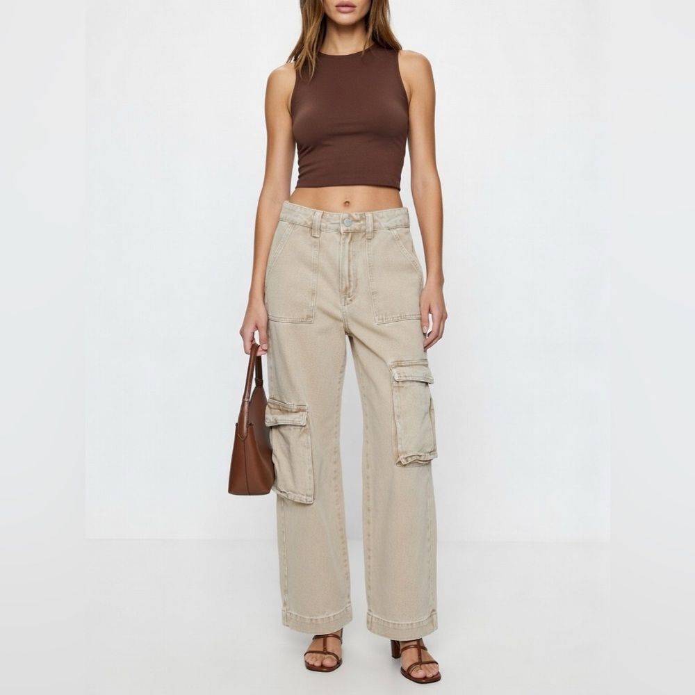 MISS LOVE Women's Beige Wide Leg Cargo Jeans